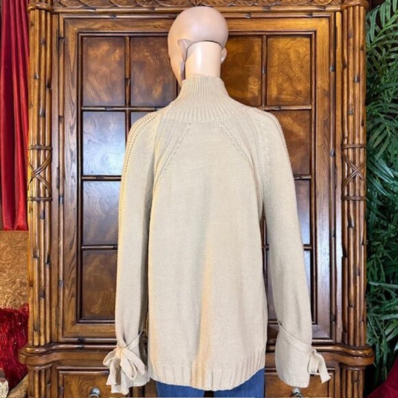 NWOT Bodilove Khaki Tan Cotton Blend Modern Cable Knit Tie Bow Sleeve Sweater - Picture 4 of 16